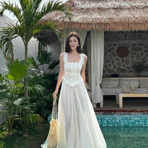 Lightweight High-Waisted Floor-Length Chiffon Skirt with 3-Layered Hem - Summer Beach Skirt with Elastic Waist