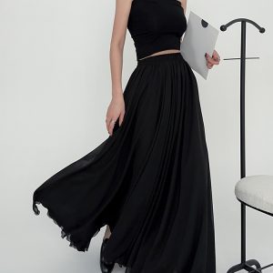 Lightweight High-Waisted Floor-Length Chiffon Skirt with 3-Layered Hem - Summer Beach Skirt with Elastic Waist