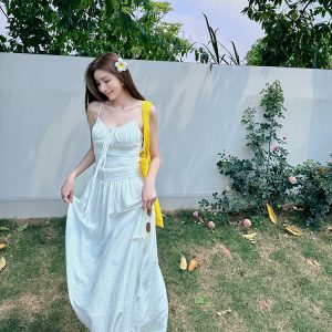 Lightweight High-Waisted Long Dress with Straps, Hollow Out Design, Slimming A-Line Silhouette for Summer Vacation Style