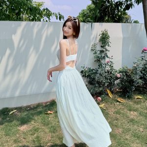 Lightweight High-Waisted Long Dress with Straps, Hollow Out Design, Slimming A-Line Silhouette for Summer Vacation Style