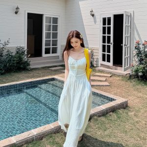 Lightweight High-Waisted Long Dress with Straps, Hollow Out Design, Slimming A-Line Silhouette for Summer Vacation Style