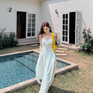 Lightweight High-Waisted Long Dress with Straps, Hollow Out Design, Slimming A-Line Silhouette for Summer Vacation Style