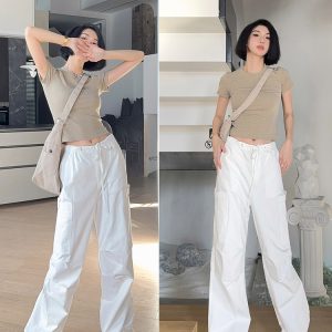 Lightweight High-Waisted Long Pants for Women - Casual White Cotton Drawstring Trousers, Spring Summer American Street Style