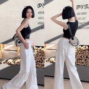Lightweight High-Waisted Long Pants for Women - Casual White Cotton Drawstring Trousers, Spring Summer American Street Style