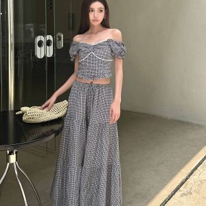 Lightweight High-Waisted Long Skirt Set with Checkered Short-Sleeve Top - Trendy 2-Piece Outfit for Summer Style