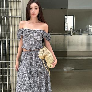 Lightweight High-Waisted Long Skirt Set with Checkered Short-Sleeve Top - Trendy 2-Piece Outfit for Summer Style