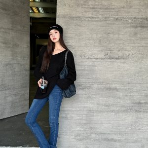 Lightweight High-Waisted Slim-Fit Flared Pants for Spring & Autumn - Extra Long Deep Blue Denim Jeans