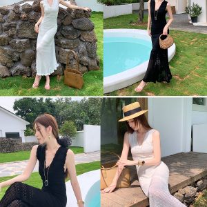 Lightweight High-Waisted V-Neck Hollow Knit Dress for Women - Slim Fit Long Skirt Perfect for Spring and Summer Style