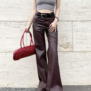 Lightweight High-Waisted Wide-Leg Flared Pants for Women - Slimming Mid-Rise Floor-Length PU Leather Trousers for Spring & Autumn