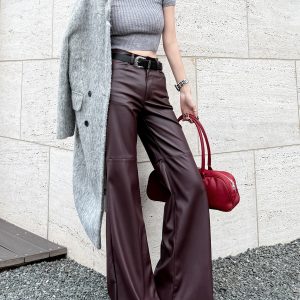 Lightweight High-Waisted Wide-Leg Flared Pants for Women - Slimming Mid-Rise Floor-Length PU Leather Trousers for Spring & Autumn