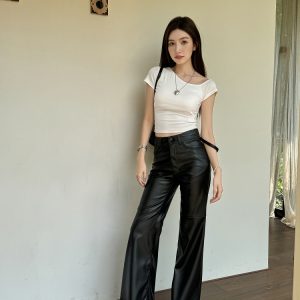 Lightweight High-Waisted Wide-Leg Flared Pants for Women - Slimming Mid-Rise Floor-Length PU Leather Trousers for Spring & Autumn