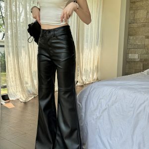 Lightweight High-Waisted Wide-Leg Flared Pants for Women - Slimming Mid-Rise Floor-Length PU Leather Trousers for Spring & Autumn