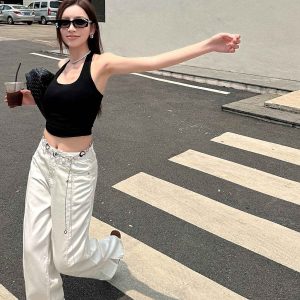 Lightweight High-Waisted Wide-Leg Jeans for Women - Summer Loose Fit, Split Hem, Floor-Length Tencel, White, Y2K Style