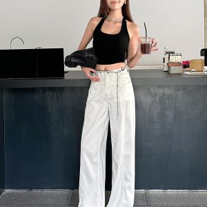 Lightweight High-Waisted Wide-Leg Jeans for Women - Summer Loose Fit, Split Hem, Floor-Length Tencel, White, Y2K Style