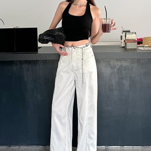 Lightweight High-Waisted Wide-Leg Jeans for Women - Summer Loose Fit, Split Hem, Floor-Length Tencel, White, Y2K Style