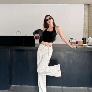 Lightweight High-Waisted Wide-Leg Jeans for Women - Summer Loose Fit, Split Hem, Floor-Length Tencel, White, Y2K Style