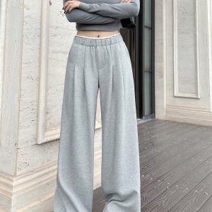 Lightweight High-Waisted Wide-Leg Pants with Pleats and White Edges - Casual Gray Floor-Length Trousers for Women