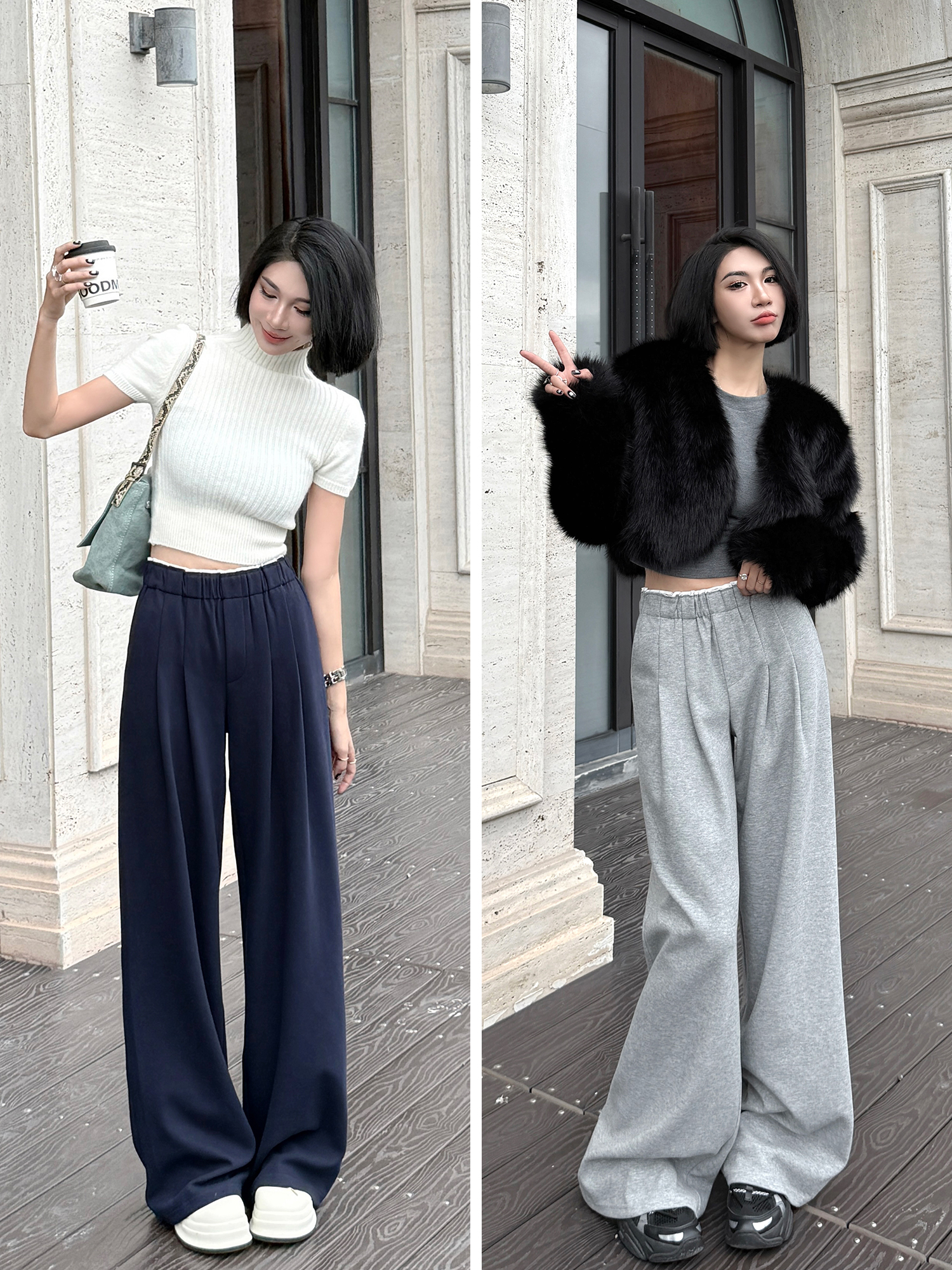 Lightweight High-Waisted Wide-Leg Pants with Pleats and White Edges - Casual Gray Floor-Length Trousers for Women Lightweight High-Waisted Wide-Leg Pants with Pleats and White Edges - Casual Gray Floor-Length Trousers for Women
