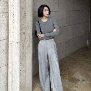 Lightweight High-Waisted Wide-Leg Pants with Pleats and White Edges - Casual Gray Floor-Length Trousers for Women