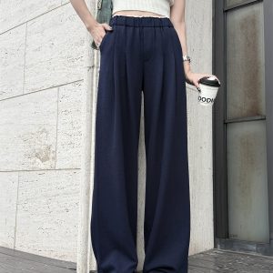 Lightweight High-Waisted Wide-Leg Pants with Pleats and White Edges - Casual Gray Floor-Length Trousers for Women