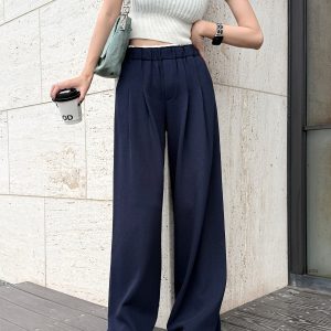 Lightweight High-Waisted Wide-Leg Pants with Pleats and White Edges - Casual Gray Floor-Length Trousers for Women