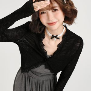 Lightweight Knitted Cardigan for Women - American Retro Lace Trim Summer Shawl Outerwear in Girly Style