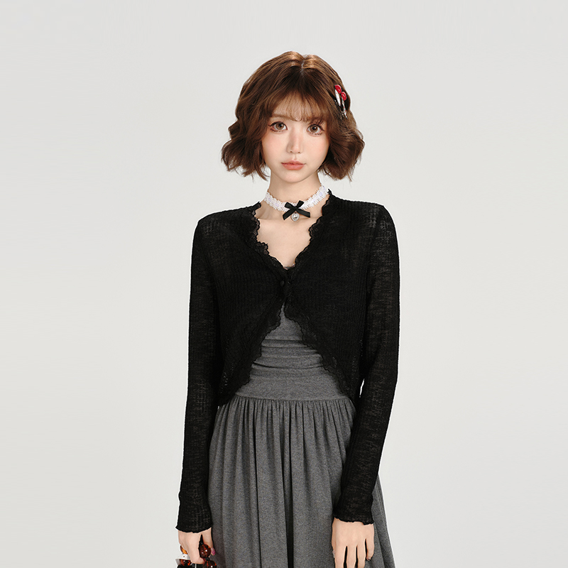 Lightweight Knitted Cardigan for Women - American Retro Lace Trim Summer Shawl Outerwear in Girly Style