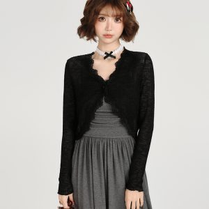 Lightweight Knitted Cardigan for Women - American Retro Lace Trim Summer Shawl Outerwear in Girly Style