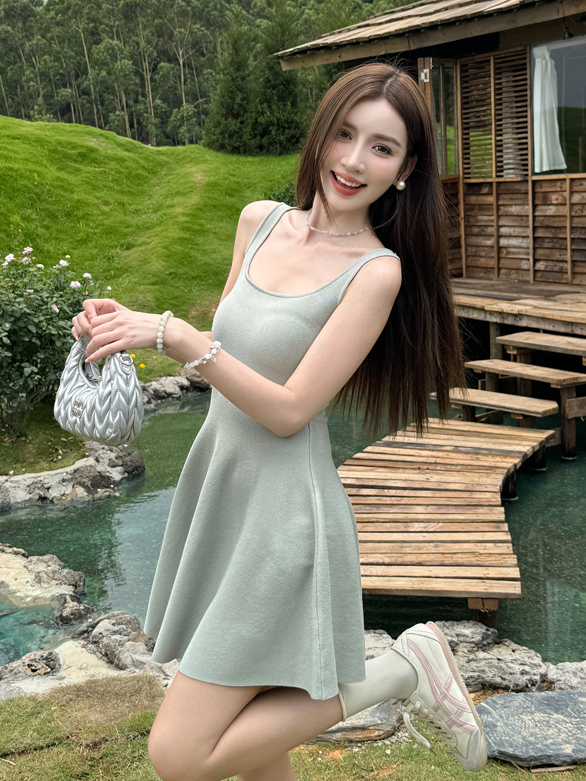 Lightweight Knitted Sleeveless Camisole Dress - Elegant Summer Solid Color, Waist-Cinching, Stretchy Slim-Fit A-Line Design Lightweight Knitted Sleeveless Camisole Dress - Elegant Summer Solid Color, Waist-Cinching, Stretchy Slim-Fit A-Line Design