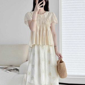 Lightweight Layered Spliced Tencel Cotton Top - Wrinkled Round Neck Short Sleeve in Apricot - Versatile Casual Style