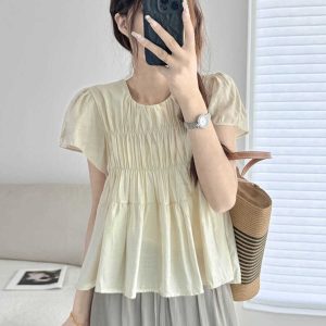 Lightweight Layered Spliced Tencel Cotton Top - Wrinkled Round Neck Short Sleeve in Apricot - Versatile Casual Style