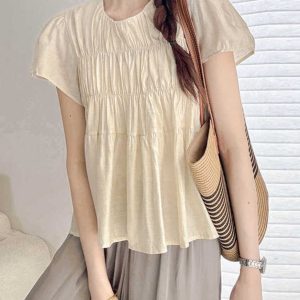Lightweight Layered Spliced Tencel Cotton Top - Wrinkled Round Neck Short Sleeve in Apricot - Versatile Casual Style