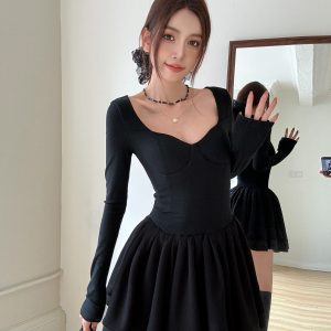 Lightweight Low Neckline Long Sleeve Puff Skirt Little Black Dress, Waist-Cinching Hepburn Style for Birthday Parties