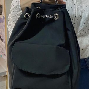 Lightweight Minimalist Black Drawstring Backpack for Women - Stylish High-End Summer Commuting Bag with Chain Detail