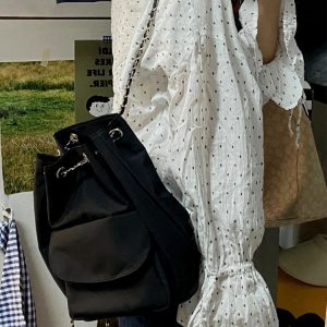 Lightweight Minimalist Black Drawstring Backpack for Women - Stylish High-End Summer Commuting Bag with Chain Detail