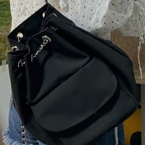 Lightweight Minimalist Black Drawstring Backpack for Women - Stylish High-End Summer Commuting Bag with Chain Detail