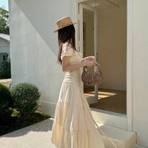 Lightweight One-Shoulder French Top with Ear-Shaped Ruffles and Elastic Long Skirt Set - Perfect for Summer Fashion