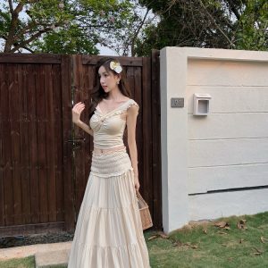 Lightweight One-Shoulder French Top with Ear-Shaped Ruffles and Elastic Long Skirt Set - Perfect for Summer Fashion