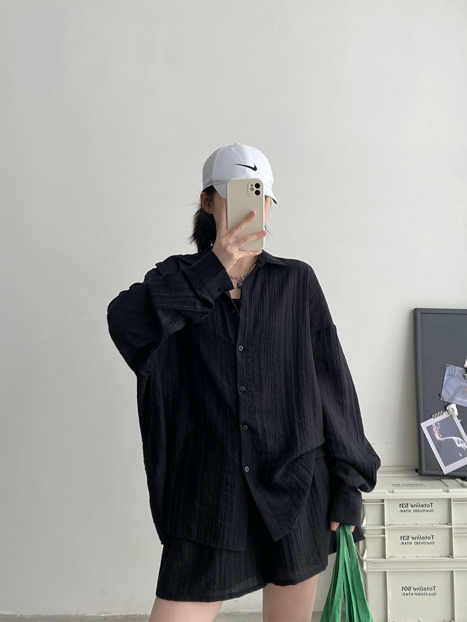 Lightweight Pleated Tencel Cardigan and Shorts Set - Sun Protection Draped Shirt Outfit for Summer Style Lightweight Pleated Tencel Cardigan and Shorts Set - Sun Protection Draped Shirt Outfit for Summer Style