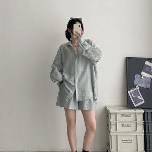 Lightweight Pleated Tencel Cardigan and Shorts Set - Sun Protection Draped Shirt Outfit for Summer Style