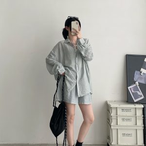 Lightweight Pleated Tencel Cardigan and Shorts Set - Sun Protection Draped Shirt Outfit for Summer Style