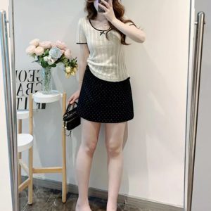 Lightweight Plus Size Hollow Knit Top for Women, Flattering Summer Style, Polka Dot Skirt, Elegant Two-Piece Set, Curvy Fit