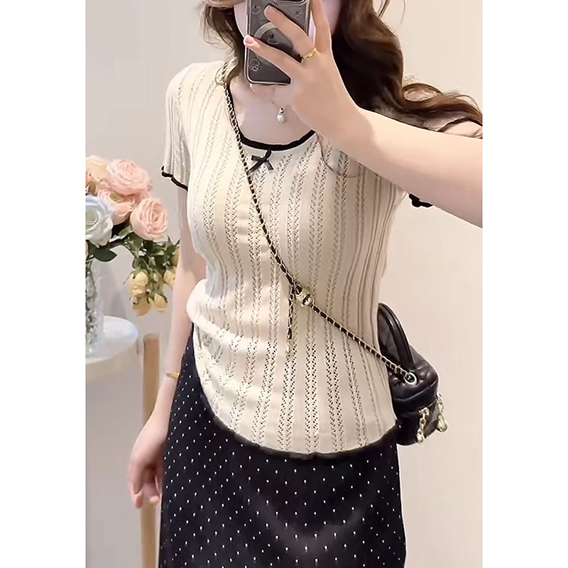 Lightweight Plus Size Hollow Knit Top for Women, Flattering Summer Style, Polka Dot Skirt, Elegant Two-Piece Set, Curvy Fit