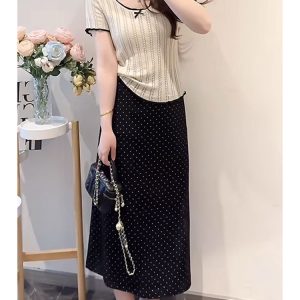 Lightweight Plus Size Hollow Knit Top for Women, Flattering Summer Style, Polka Dot Skirt, Elegant Two-Piece Set, Curvy Fit