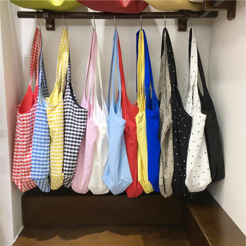 Lightweight Polka Dot Checkered Canvas Shopping Bag - Large Capacity Summer Shoulder Tote - Korean Style Ins Fashion