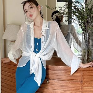 Lightweight Rhinestone Star Cardigan - Women's Sun Protection Tencel Shirt for Spring & Summer, Ultra-Heavy Industrial Design