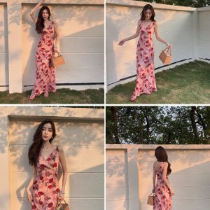 Lightweight Rose Pink Chiffon Dress, Slimming V-Neck High-Waisted Long Dress for Summer Vacation, Elegant Floor-Length Style