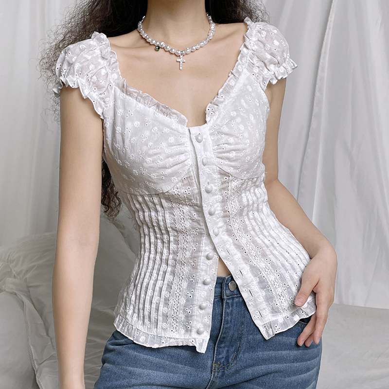 Lightweight Ruffled Chiffon Short Sleeve Women's Pleated Button-Down T-Shirt - Breathable Hollow-Out Design for Slimming Y2K Style