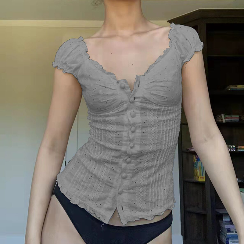 Lightweight Ruffled Chiffon Short Sleeve Women's Pleated Button-Down T-Shirt - Breathable Hollow-Out Design for Slimming Y2K Style Lightweight Ruffled Chiffon Short Sleeve Women's Pleated Button-Down T-Shirt - Breathable Hollow-Out Design for Slimming Y2K Style