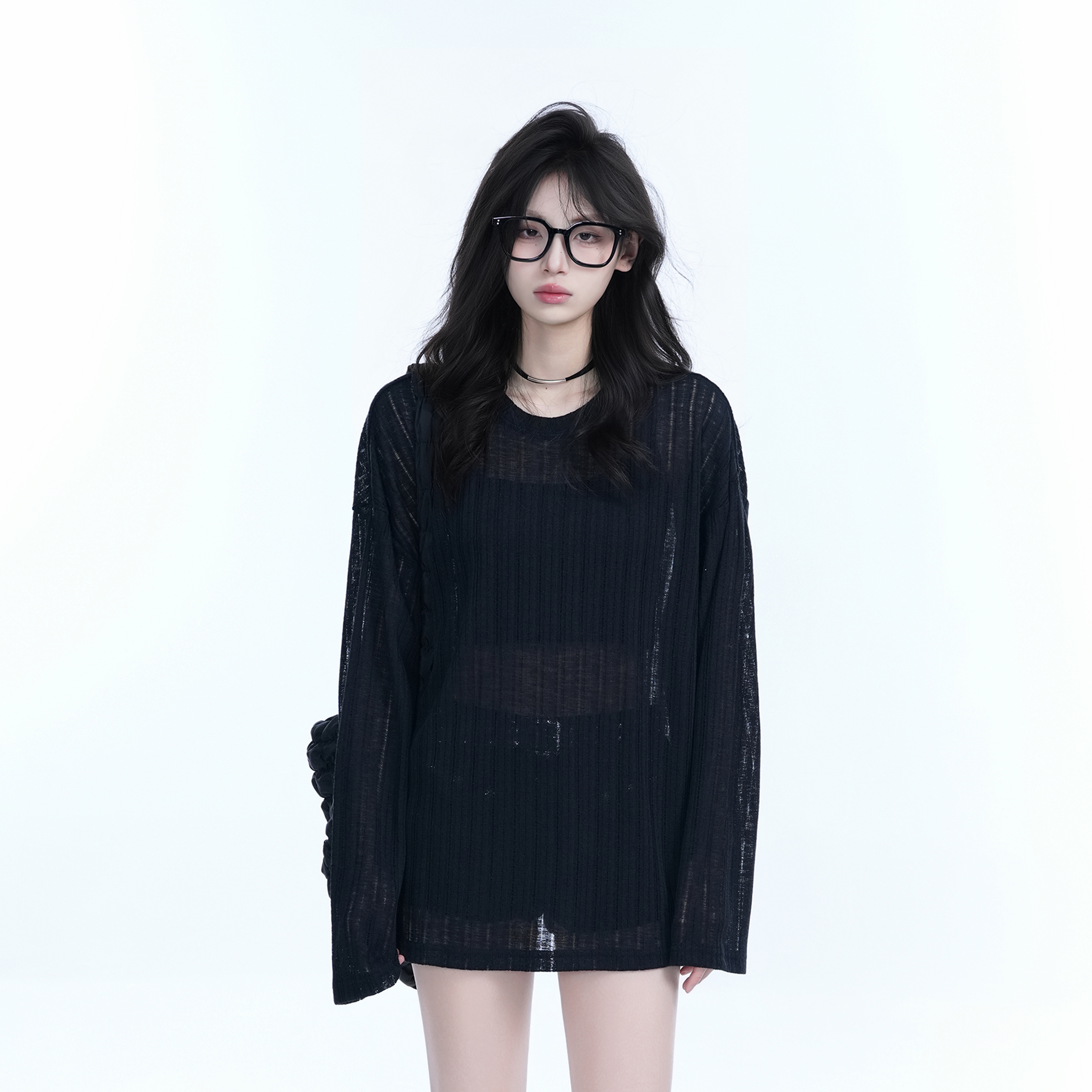 Lightweight Sheer Black Long-Sleeve Cover-Up for Women - American Retro Spring Loose Knit Top